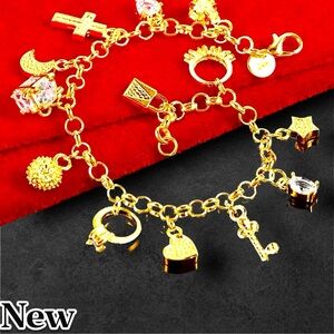 New 24K Gold plated Sterling Silver Moon Heart Lock Cross Charm Bracelet Unisex